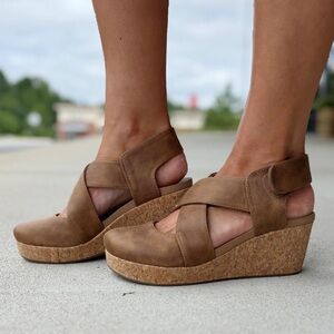 Women's Tan Cork Wedge Sandals - Comfortable Cross-Strap Platform
